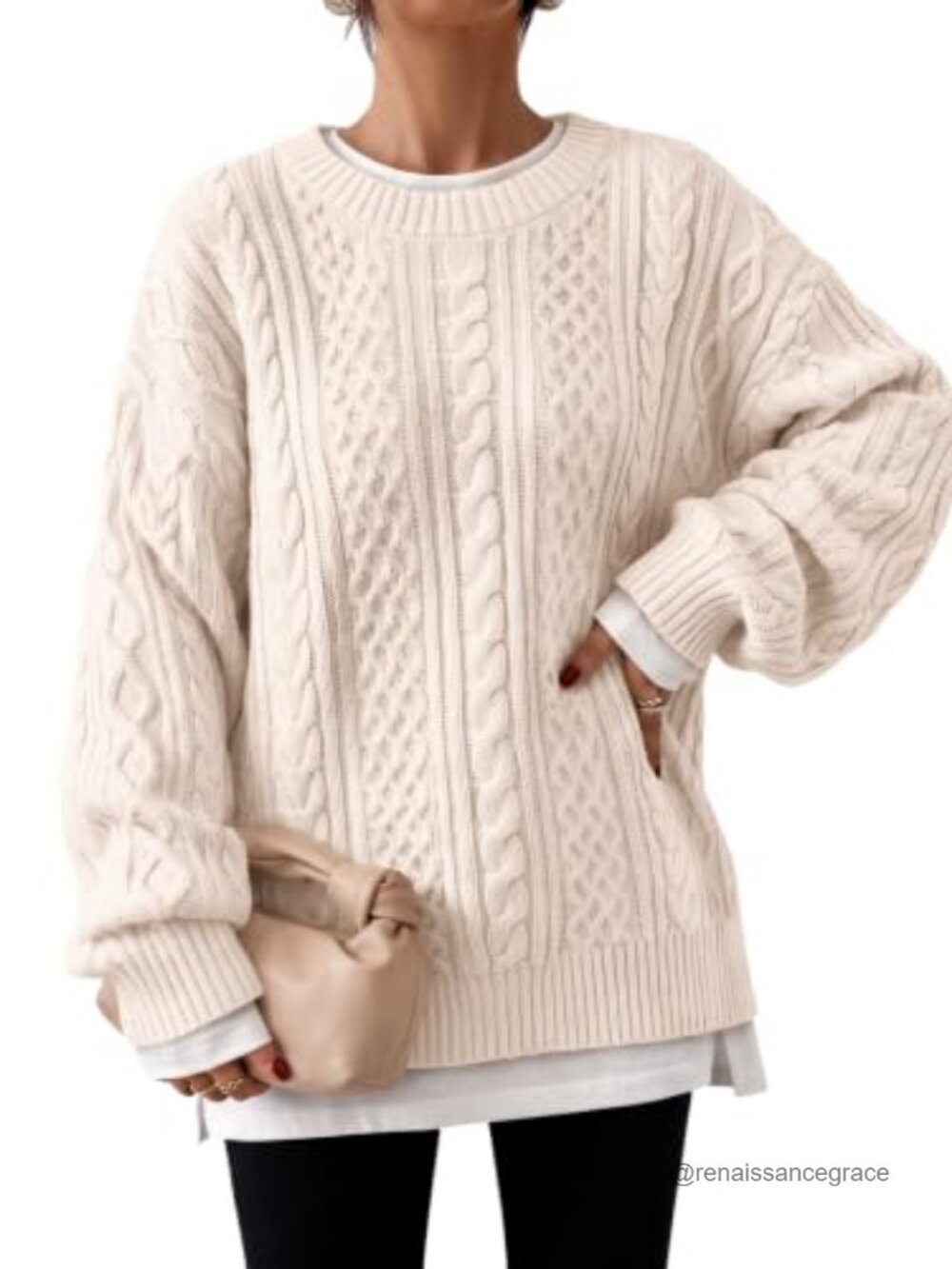 Oversized Cable Knit Chunky Pullover Sweater Cotton Blend Crew Neck
